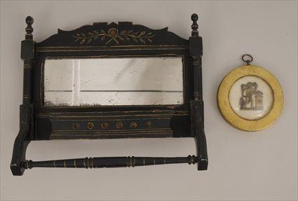 Appraisal: Victorian Black Painted Polychromed and Parcel-Gilt Hanging Dressing Mirror with