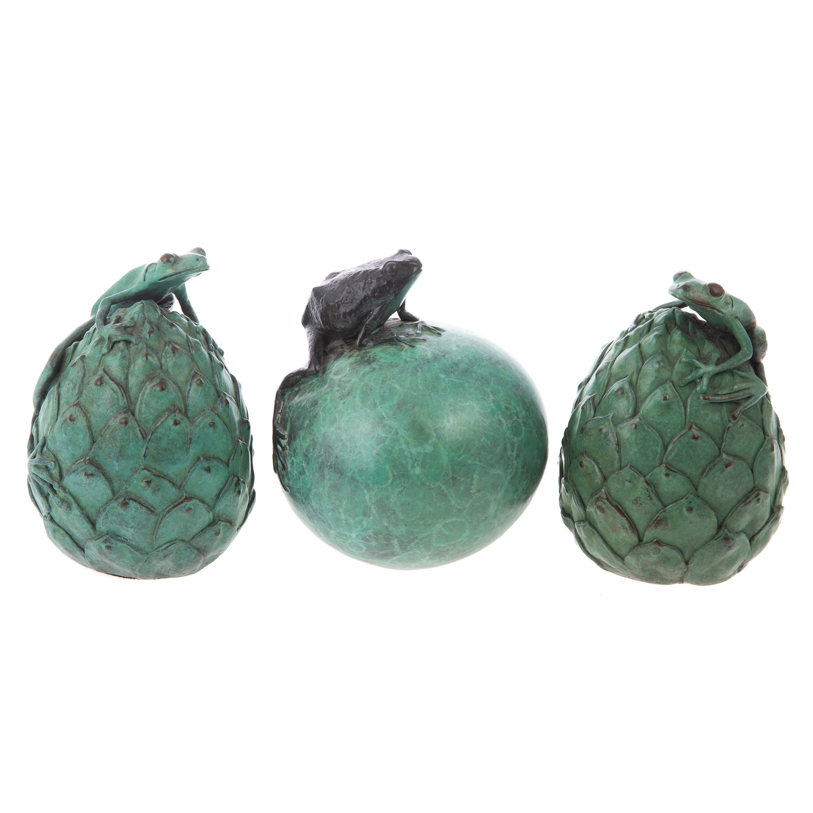 Appraisal: THREE POZYCINSKI STUDIO BRONZE FROGS Verdigris bronze figure of frog