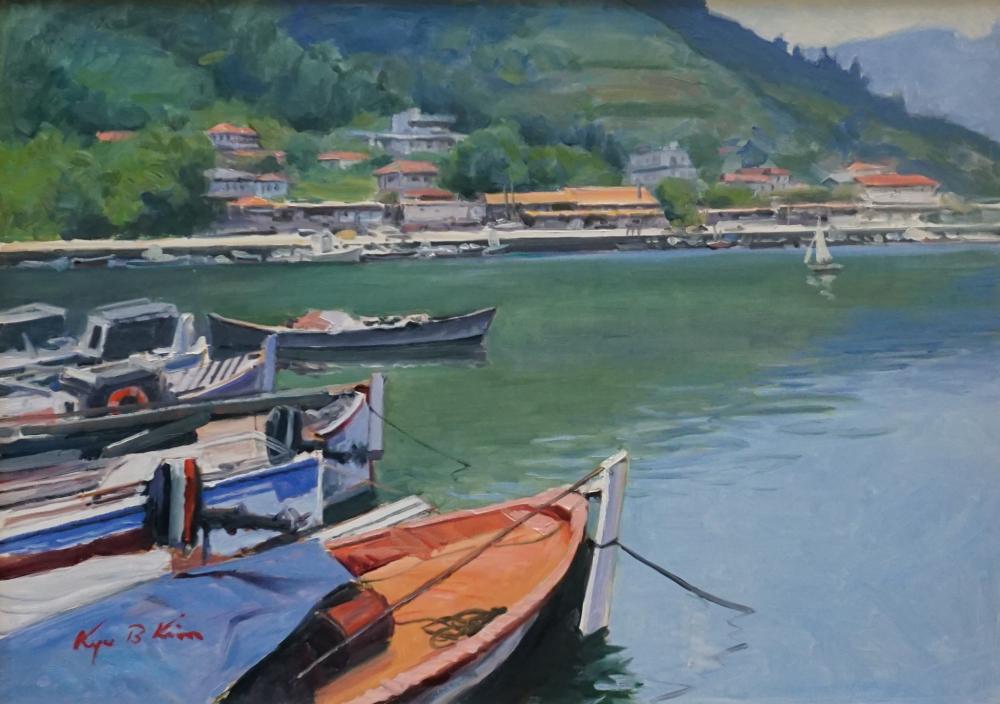 Appraisal: Kyu B Kim Boats Docked at Coastal Town Oil on