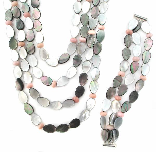 Appraisal: Mother-of-Pearl and Pink Opal Necklace and Bracelet Consisting of a