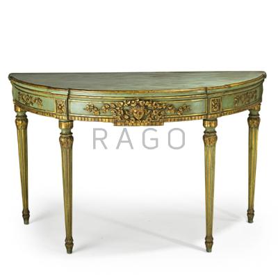 Appraisal: LOUIS XVI STYLE CONSOLE TABLE Paint-decorated with gilt trim th