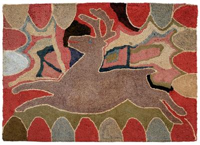 Appraisal: Hooked rug with reindeer running reindeer against an abstract background