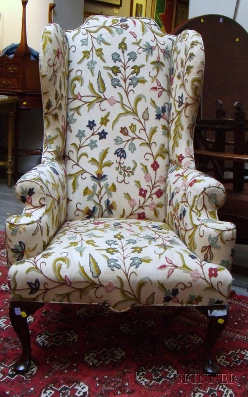 Appraisal: Queen Anne Style Crewel-work Upholstered Mahogany Wing Chair