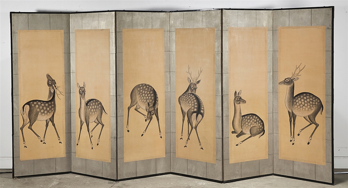 Appraisal: Japanese-style six panel silk screen painted deer to panels x