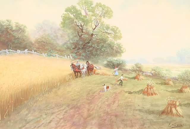 Appraisal: Harvest scene with horses plowing and people gathering crops watercolor