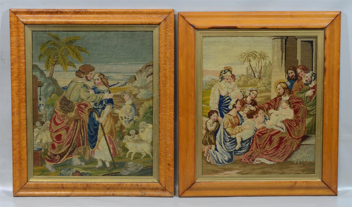 Appraisal: Needle points depicting biblical scenes 'Suffer the Little Children to