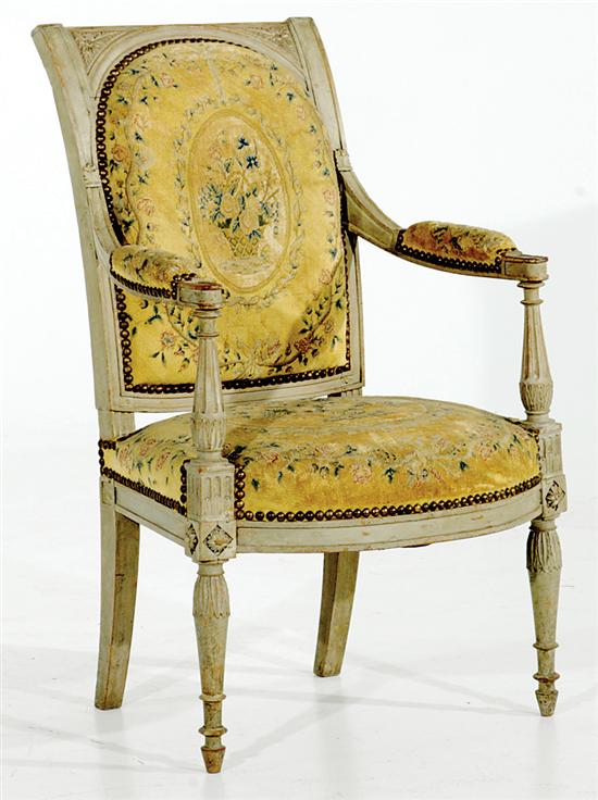 Appraisal: Louis XVI style painted and tapestry open armchair late th