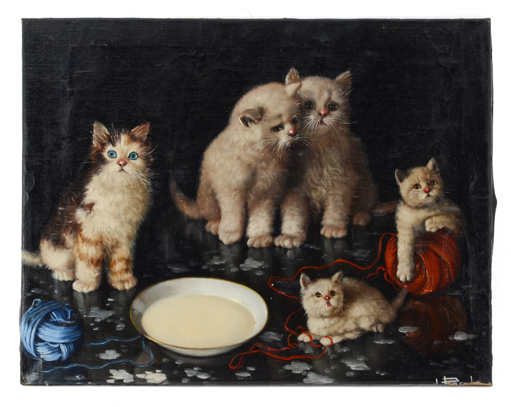 Appraisal: ILLEGIBLY SIGNED PAINTING OF KITTENS Oil Canvas '' x ''