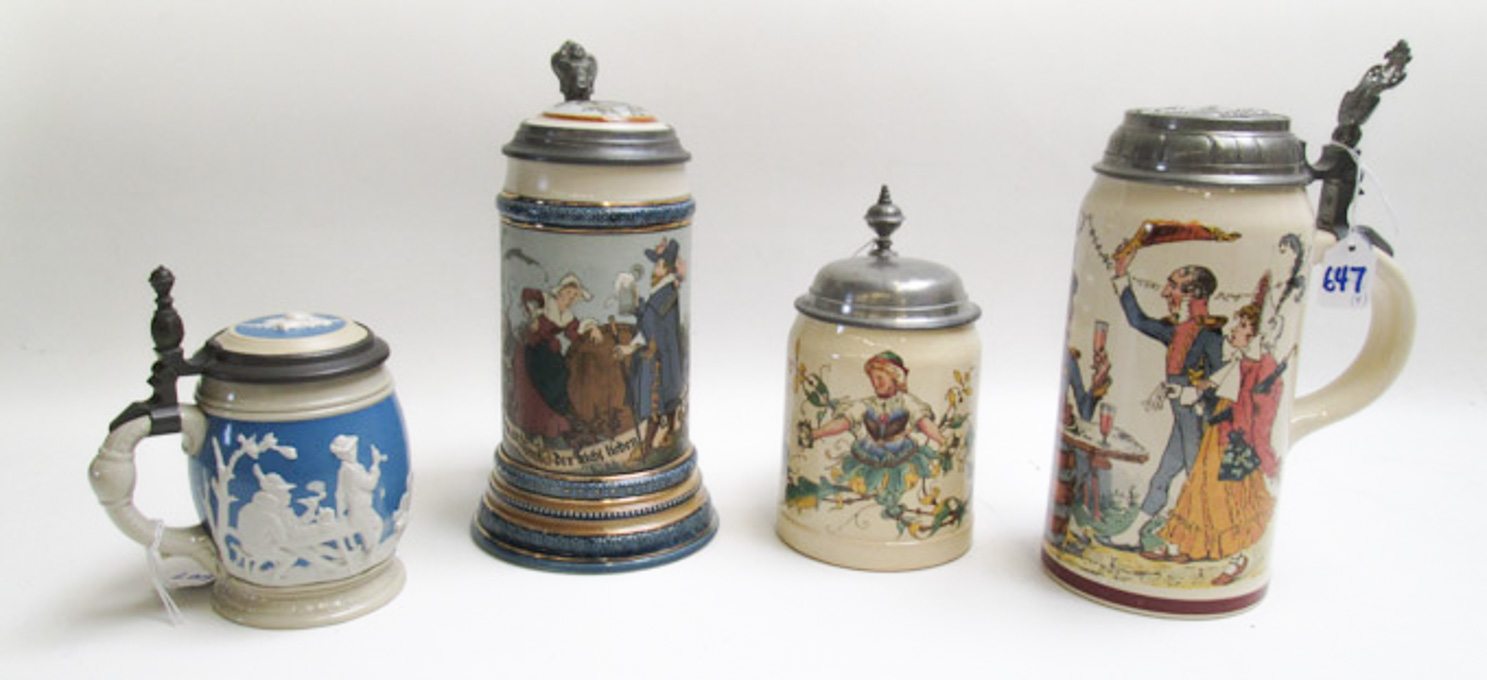 Appraisal: FOUR V B METTLACH BEER STEINS No half liter with