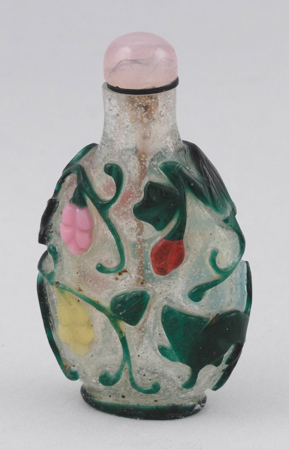 Appraisal: CHINESE FIVE-COLOR OVERLAY GLASS SNUFF BOTTLE TH CENTURY HEIGHT CHINESE