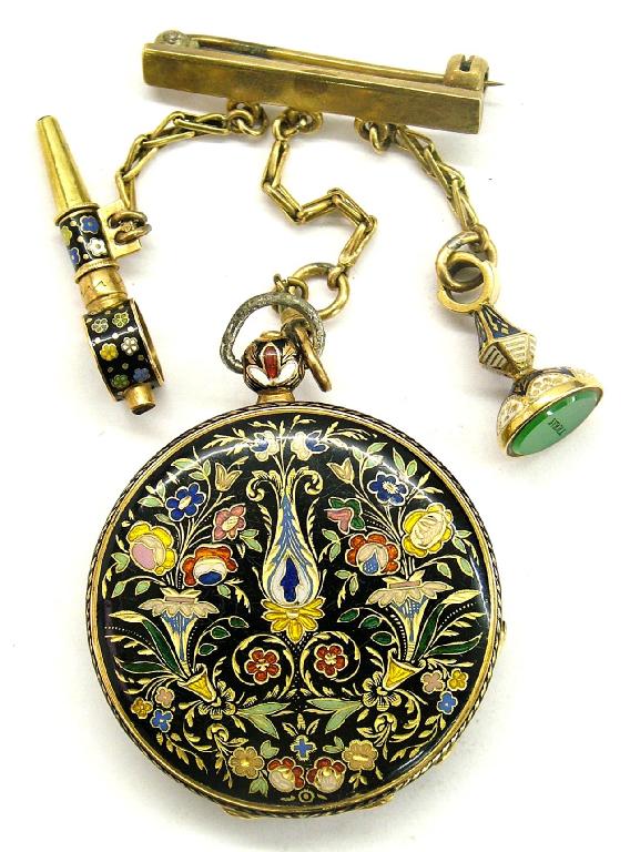 Appraisal: Attractive slim gold and enamel lady's cylinder pendant watch the