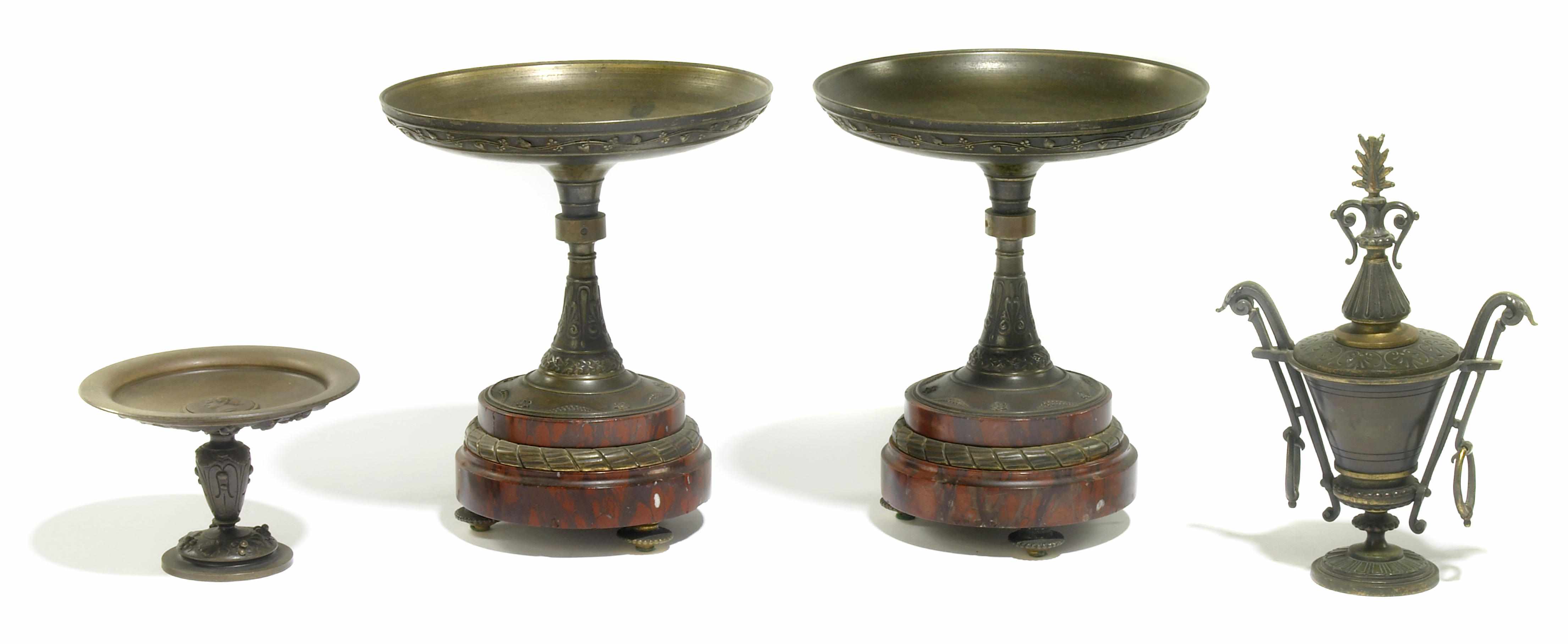 Appraisal: A pair of French patinated bronze and rouge marble tazza