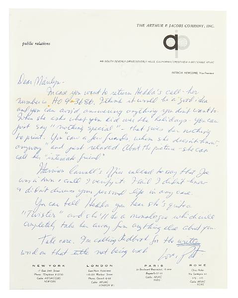 Appraisal: A Marilyn Monroe-received letter from Pat Newcomb circa Handwritten in