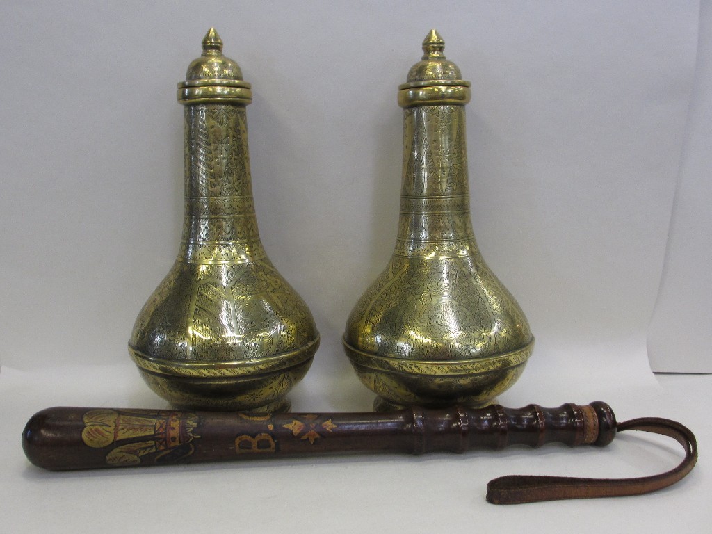 Appraisal: Pair of Indian brass bottle vases and lids and a