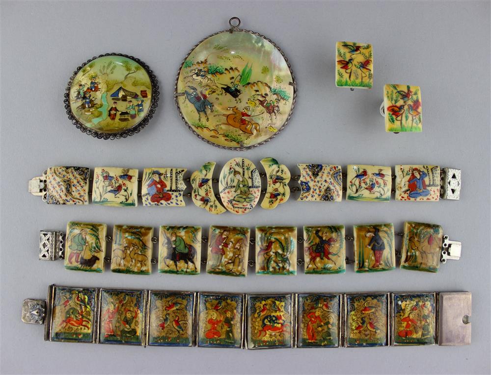 Appraisal: COLLECTION OF PERSIAN PAINTED PLAQUE JEWELRY bracelet of painted plaques