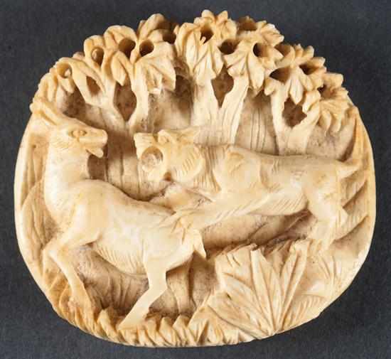 Appraisal: Chinese carved ivory medallion late th century image depicting forestscape