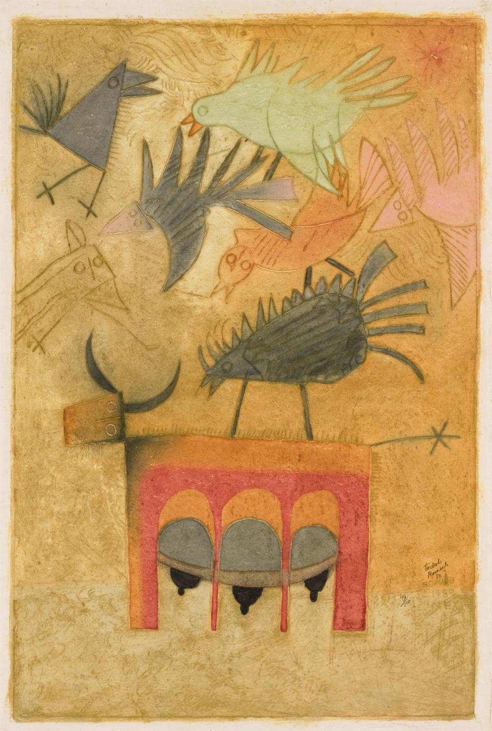 Appraisal: TEODULO ROMULO Mexican b Cow with Birds embossed lithograph on