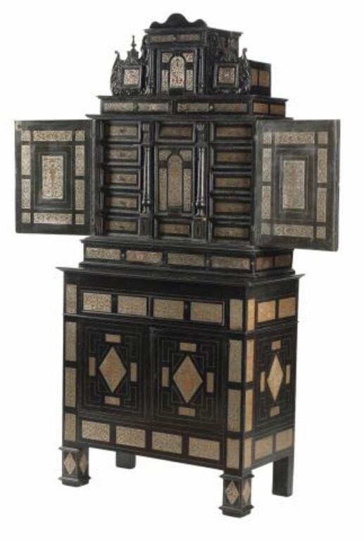 Appraisal: CONTINENTAL PEWTER-INLAID CABINET ON STANDContinental pewter-inlaid cabinet on stand thc