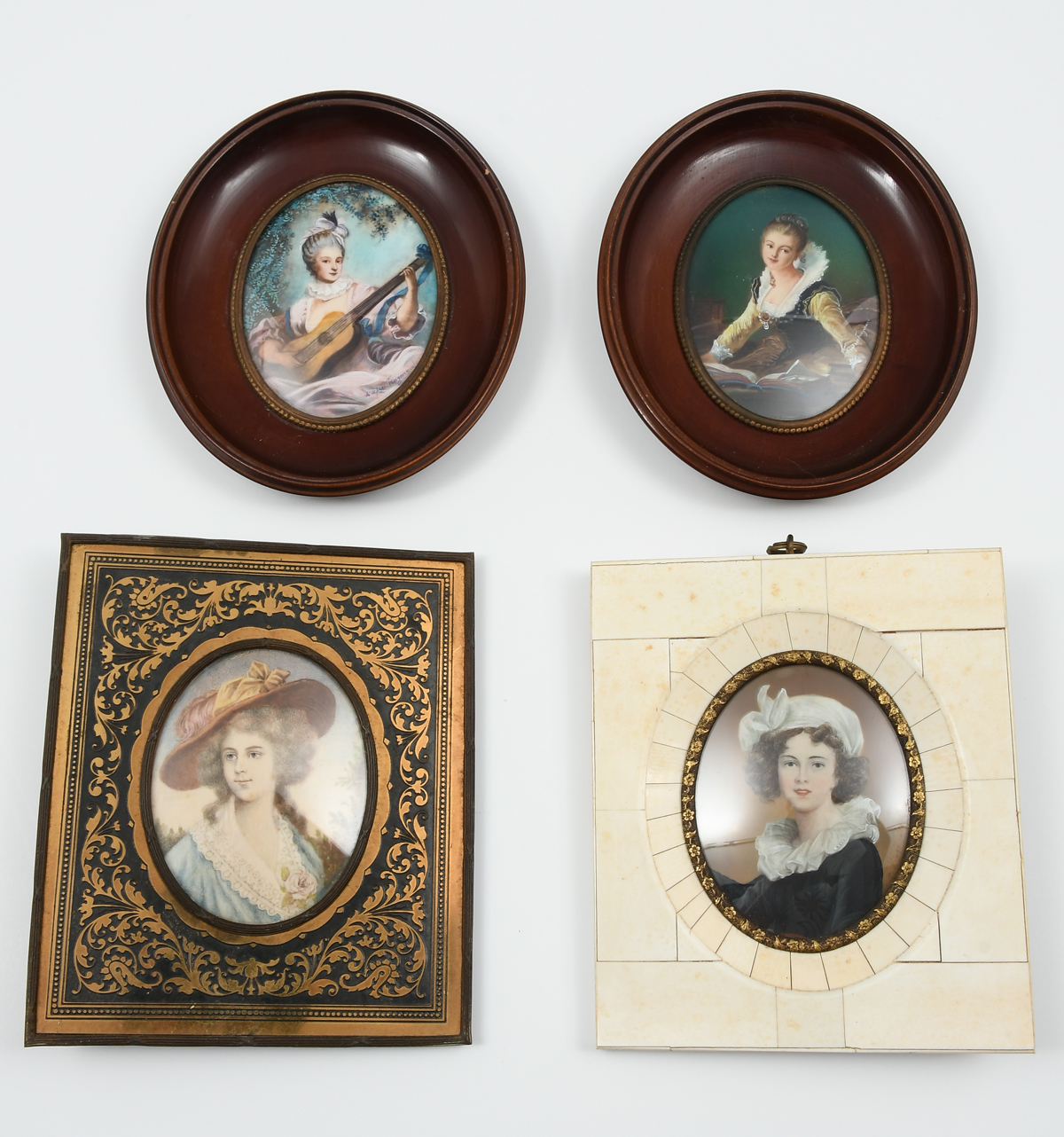 Appraisal: FOUR MINIATURE PAINTINGS Female Guitar Player after Fragonard sight size