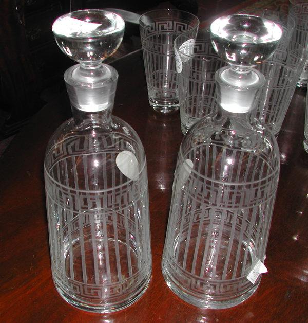 Appraisal: Attractive Pair of Greek Key -Bordered and Vertical Stripe-Engraved Glass