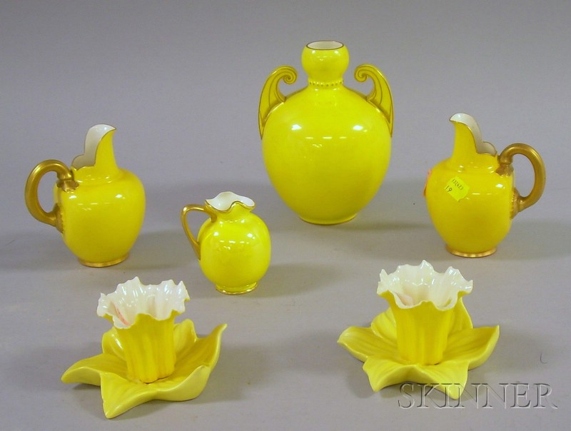 Appraisal: Six English Decorated Yellow Ground Porcelain Table Items a Royal