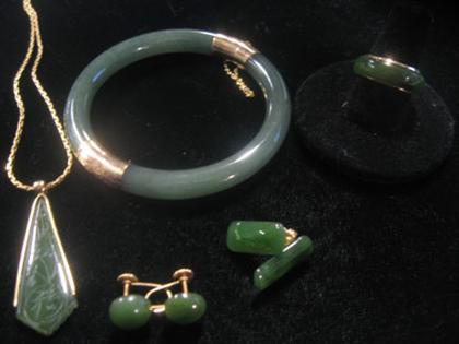 Appraisal: Group of jade jewelry Five pieces including a jade ring