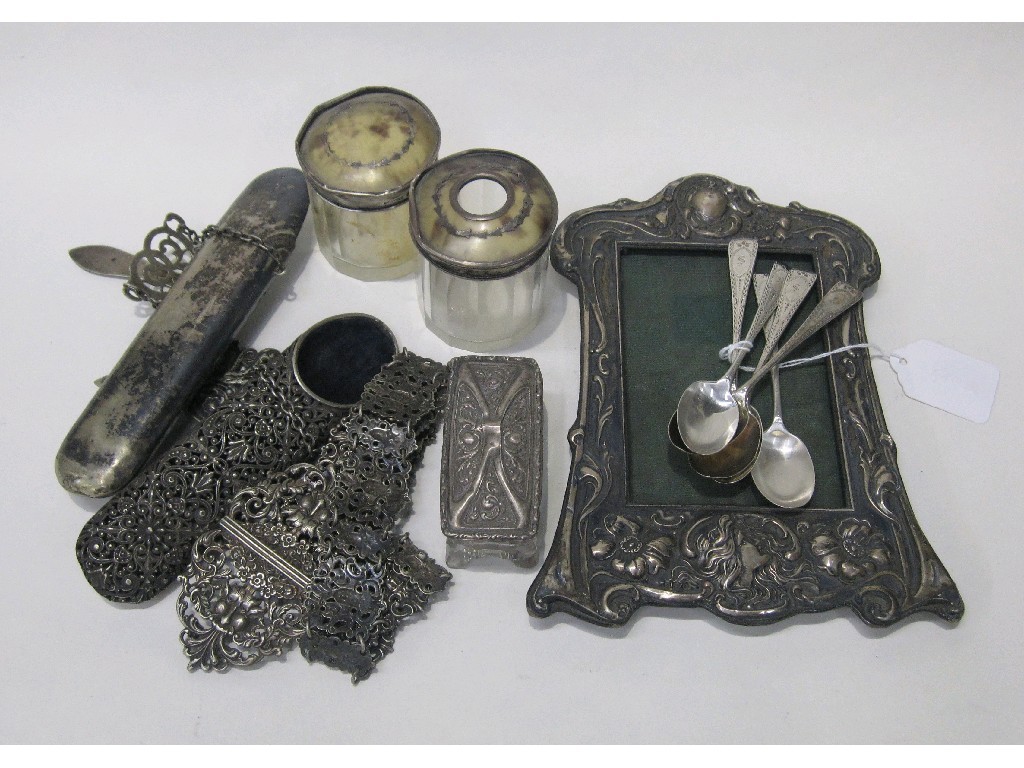 Appraisal: Lot comprising Art Nouveau silver photo frame three silver topped