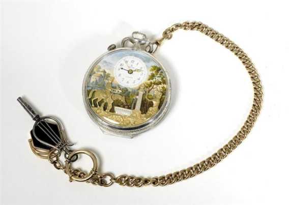 Appraisal: POCKET-WATCH WITH ALARM FUNCTION MELODY AND AUTOMATA REUGE ca Silver