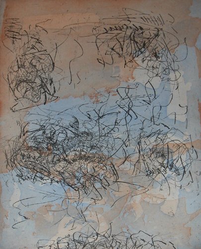 Appraisal: Untitled Abstract with Blue and Browns Etching and aquatint on