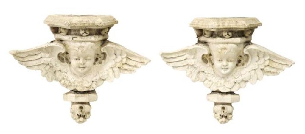 Appraisal: pair Architectural cast plaster cherub wall brackets corbels th c