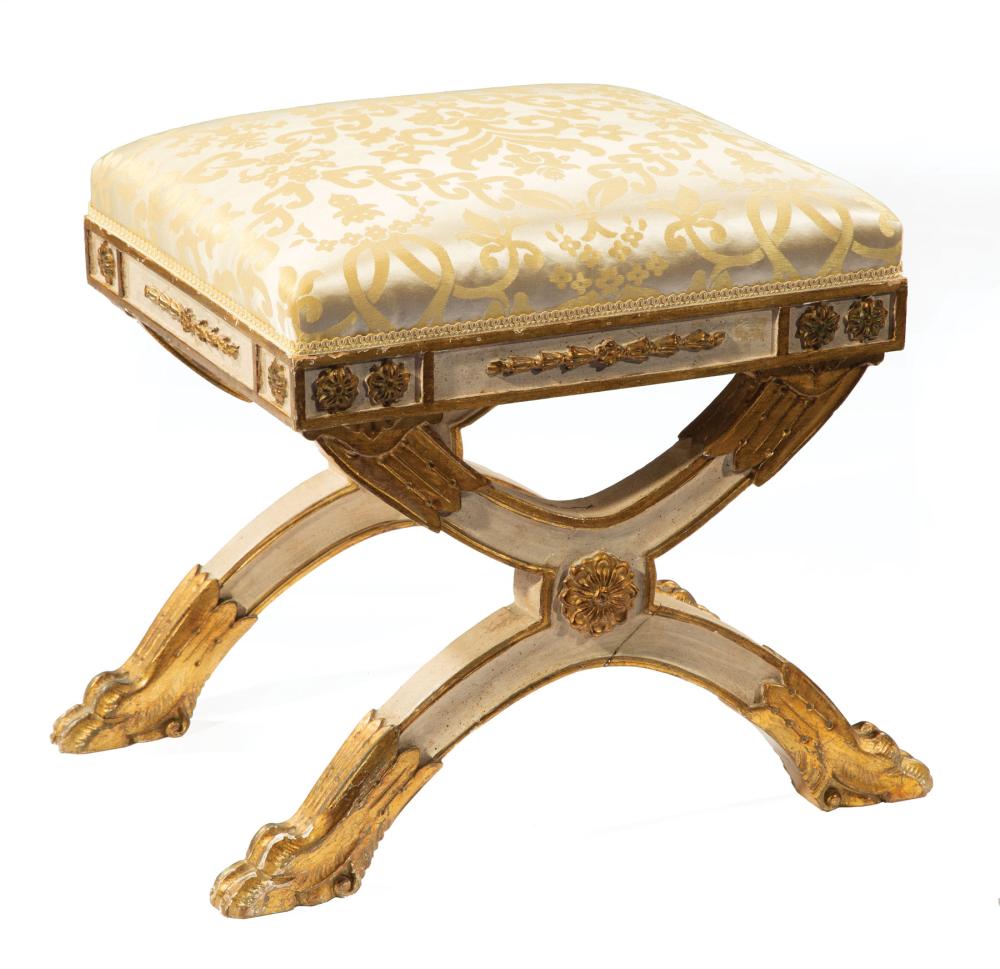 Appraisal: French Neoclassical Carved Painted and Parcel Gilt Curule Bench th