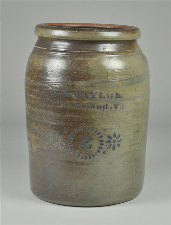 Appraisal: EB Taylor Virginia Stoneware Crock Late th Century Blue stencil