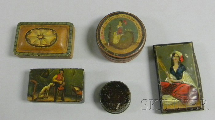 Appraisal: Five Small Tin and Hand-painted Papier-mache Snuff Boxes