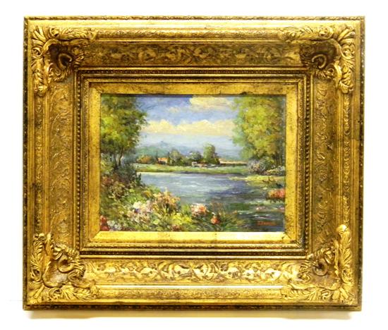 Appraisal: J Deauve oil on canvas river landscape with villa signed