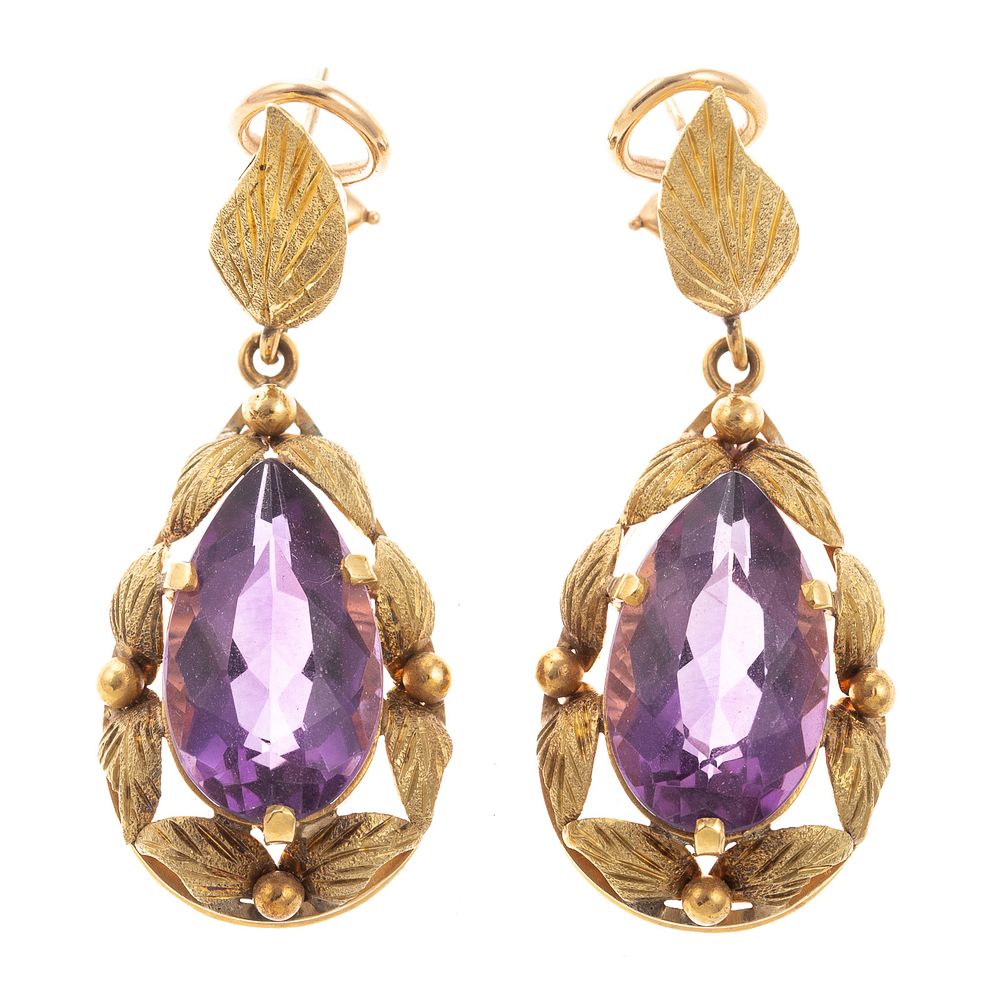 Appraisal: A Pair of Amethyst Leaf Drop Earrings in K K