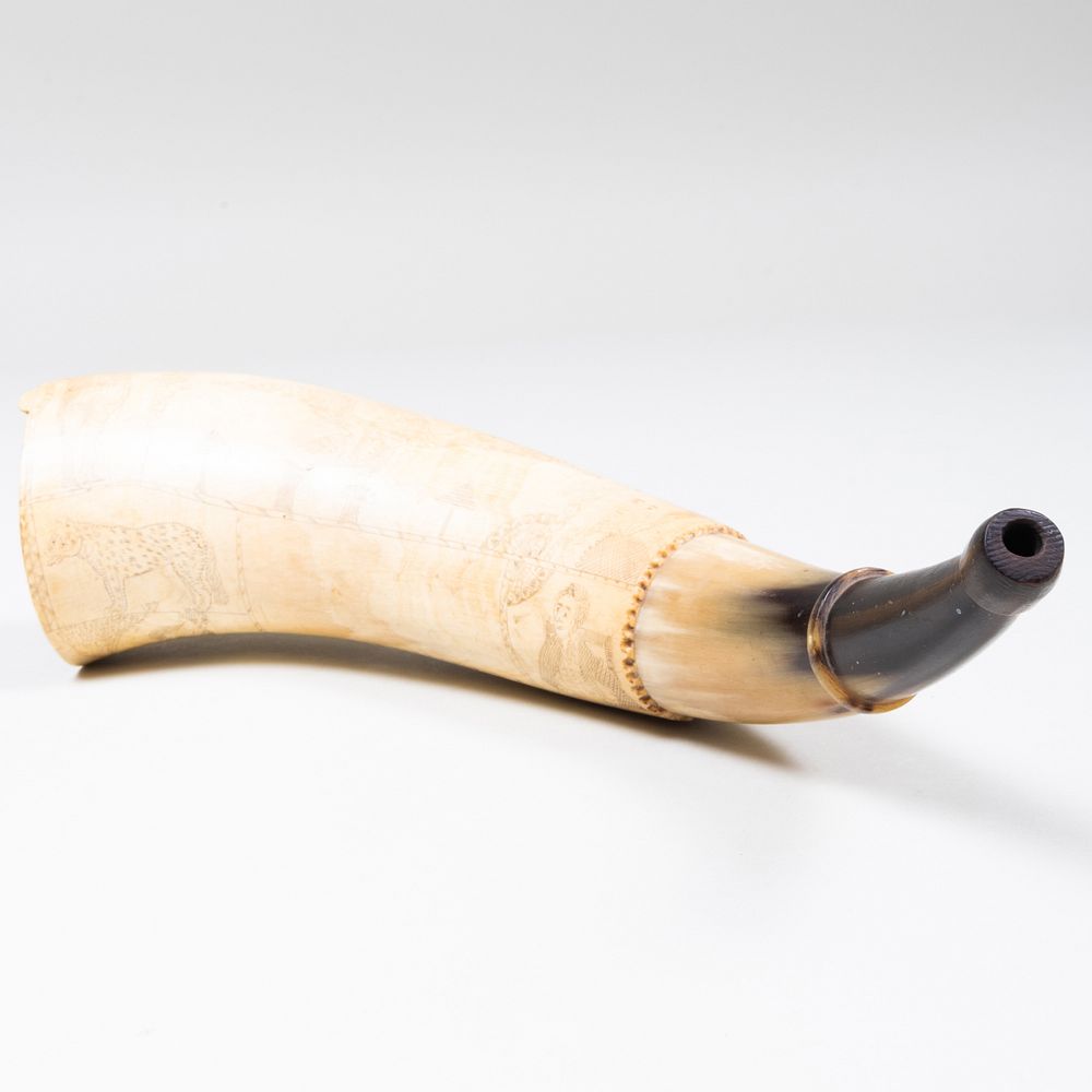 Appraisal: American Engraved Powder Horn Signed Peacham Engraved with a circus