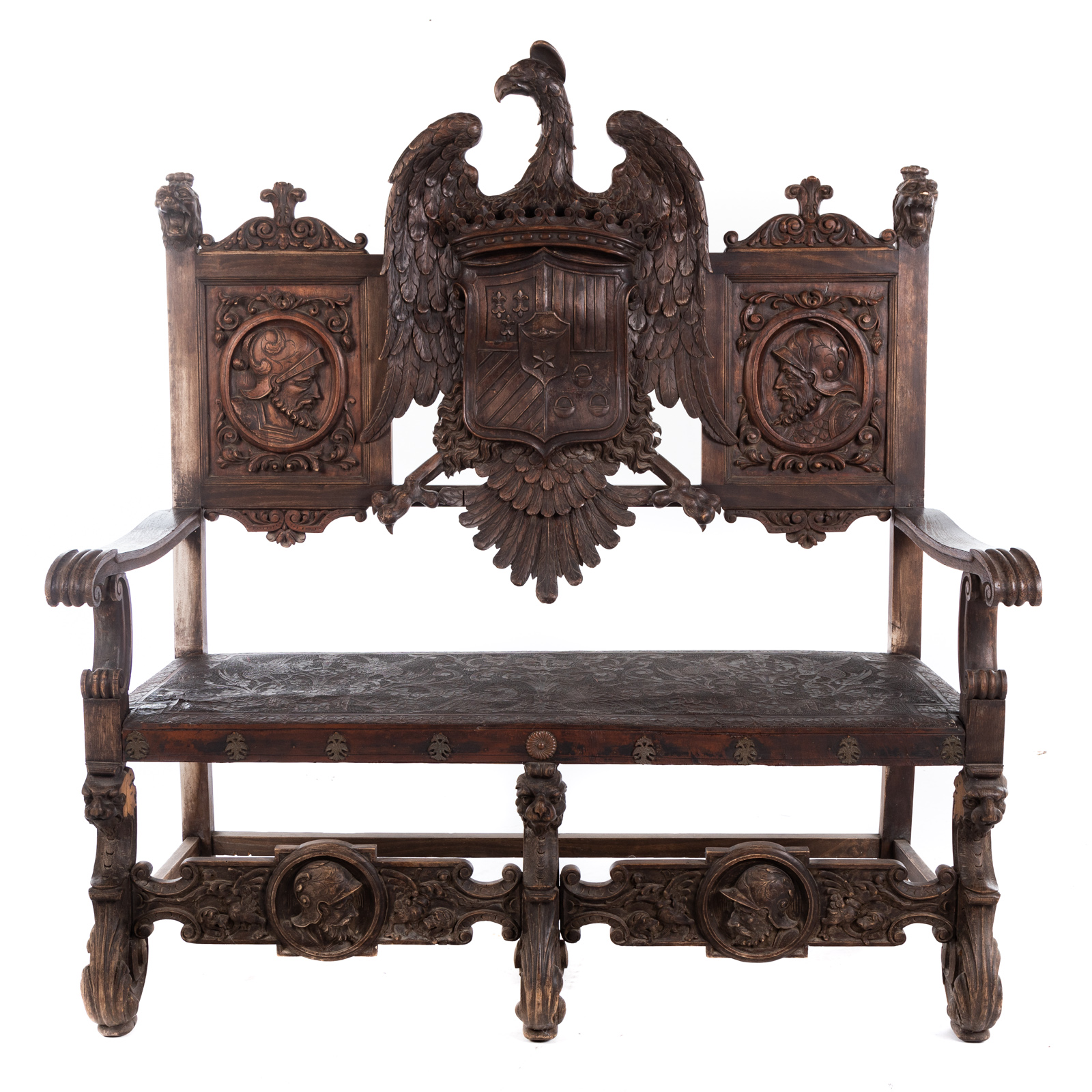 Appraisal: RENAISSANCE REVIVAL CARVED OAK BENCH Circa elaborately carved bench with