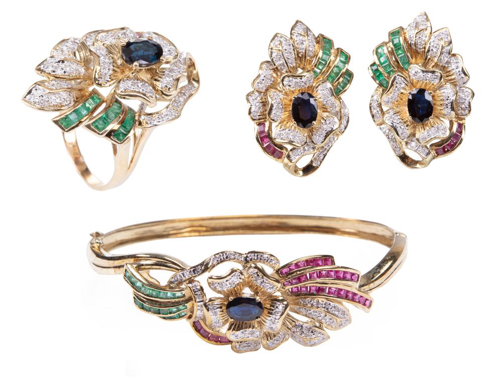 Appraisal: Set of kt Yellow Gold Blue Sapphire Emerald Ruby and