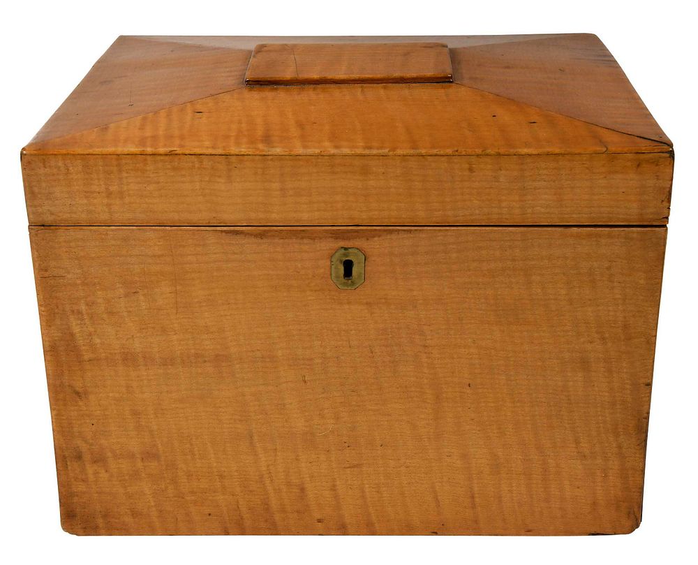 Appraisal: Tiger Maple and Brass Tea Caddy American th century trapezoidal