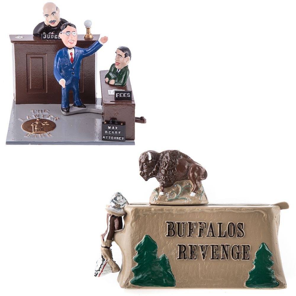 Appraisal: Two Contemporary Cast Iron Mechanical Banks The Lawyer and Buffalos