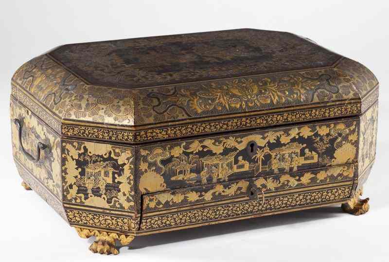 Appraisal: Gilt Lacquer Chinoiserie Sewing Box th century octagonal form raised