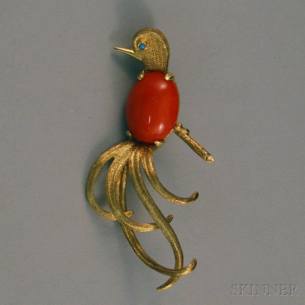 Appraisal: kt Gold Coral and Turquoise Bird Brooch the bird with