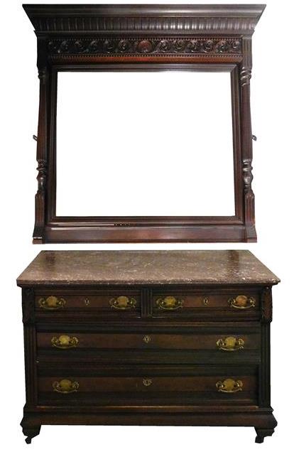 Appraisal: Victorian Eastlake four-drawer chest with mirror oblong chocolate marble top