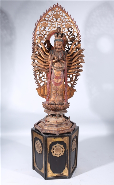 Appraisal: Large antique Japanese wooden statue of Kannon on base with