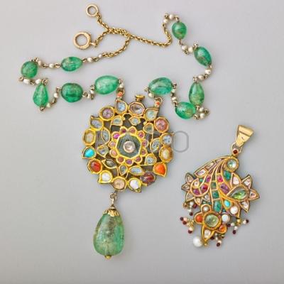 Appraisal: TWO JAIPUR JEWELED GOLD NECKLACES A Mandala of precious and