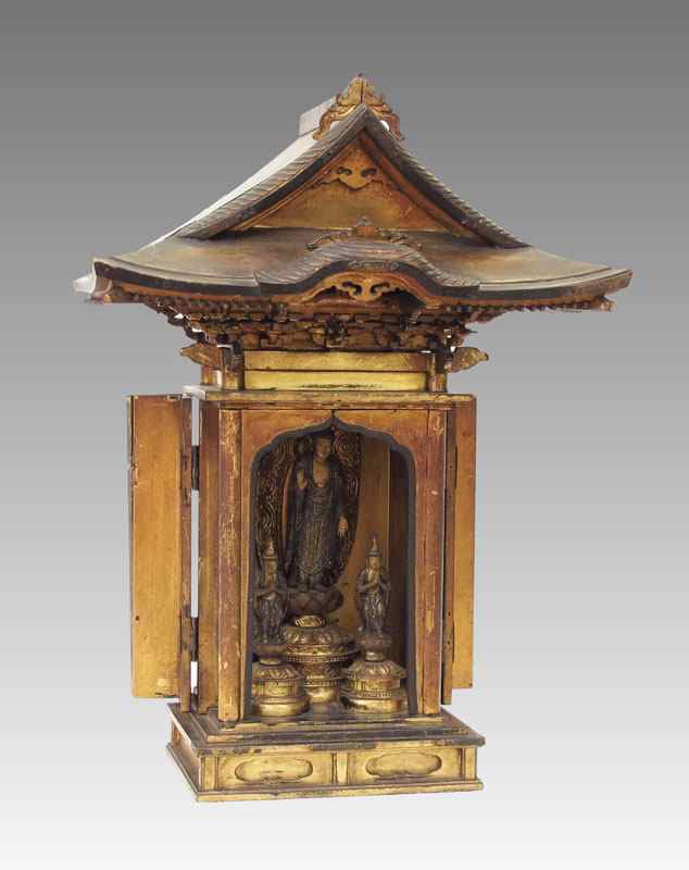 Appraisal: ASIAN CARVED GILT BUDDHA TABLE SHRINE Carved and gilded shrine