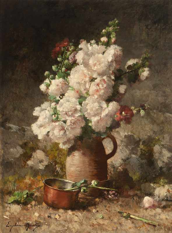 Appraisal: Euphemie Muraton - French Floral Still Life with Copper Saucepan