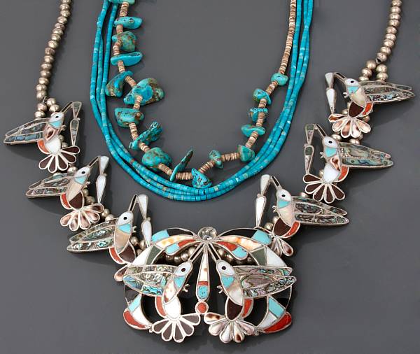 Appraisal: A collection of ten silver turquoise and natural bead necklaces