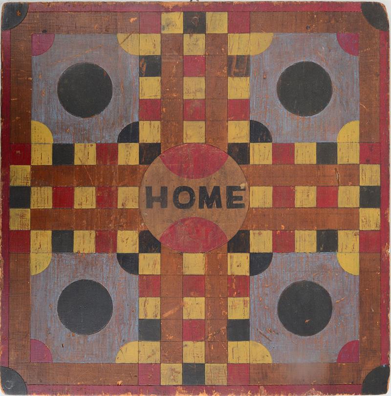 Appraisal: AMERICAN PAINTED PINE PARCHESI BOARD The checkered cruciform surface centering