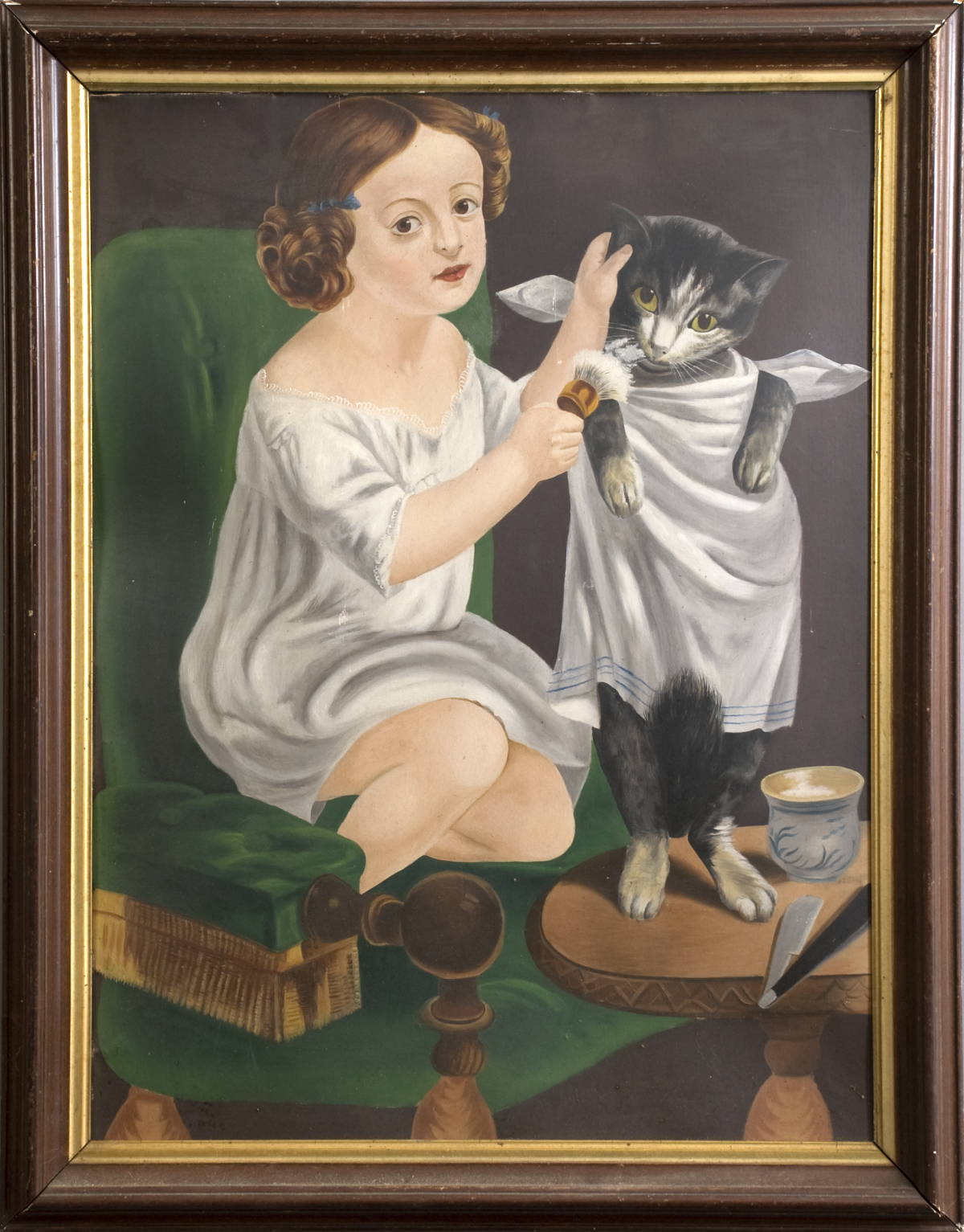 Appraisal: GIRL SEATED SHAVING A CAT The reverse inscribed quot Painted